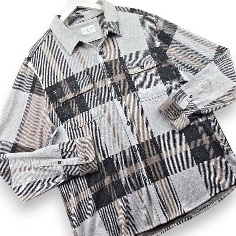 7 Diamonds Generation Plaid Knit Shirt Mens XL Grey Black Tan Stretch GSMK-8106